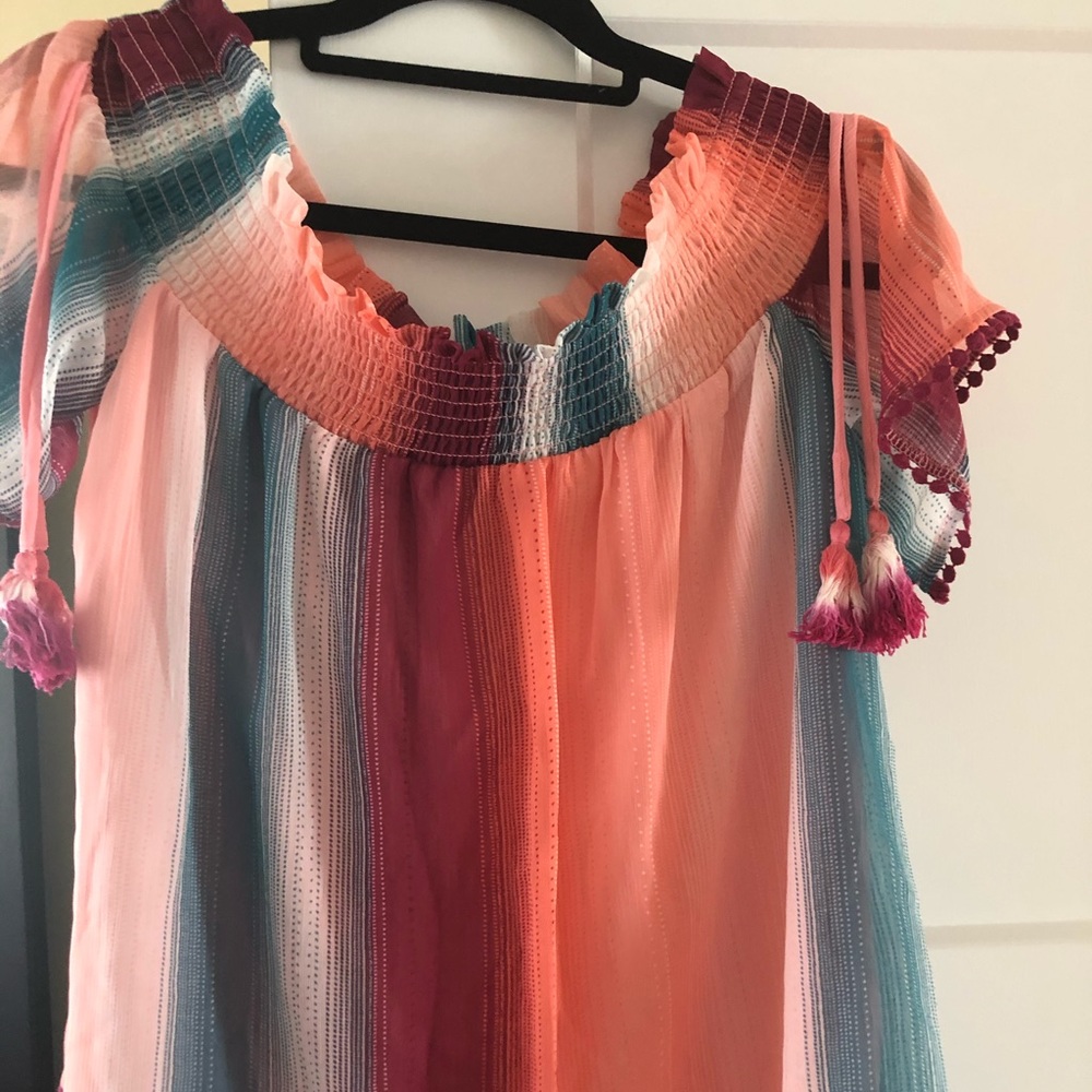 Multi colored ruffle shirt off the shoulder